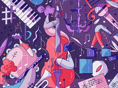 Music art cello character design characters cute drums flat hiwow illustration music music band musical instrument performance piano play vector