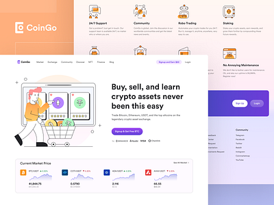 CoinGo - Crypto Exchange Landing Page business clean coin crypto cryptocurrency exchange freelance icon illustration landing page logo nft outline playfull proffesional robo trading staking trading ui ux