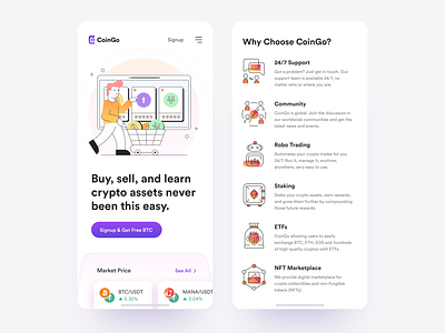 Crypto Exchange Mobile Landing Page - CoinGo business clean crypto design freelance icons illustration landing page mobile modern ui ux