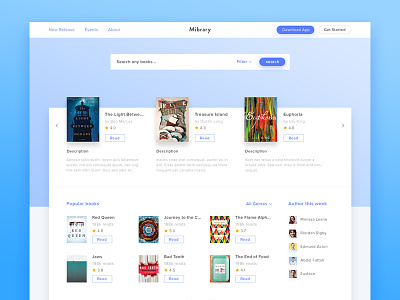 Mibrary - Online Library Concept blue book business clean freelance homepage landing page rating shadow ui ux website