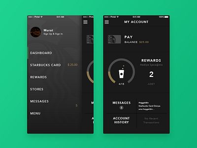 Dashboard and Sidebar application dark dashboard flat ios mobile payment rewards sidebars starbucks ui ux