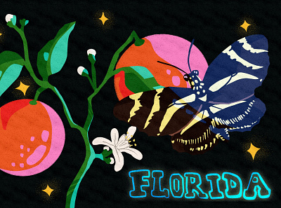 Florida nights butterfly colorful design florida florida art florida state graphic design illustration nature neon light orange postcard postcard design procreate state states stationary stationary design