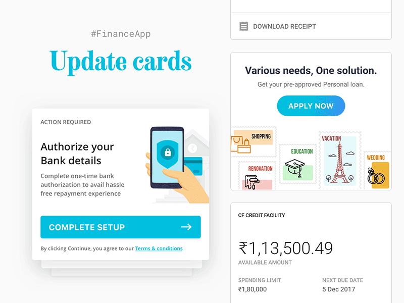 Notification cards for a Finance app💰💲💵💸 android app cards finance flat illustration ios loan minimal modern money notification offer repayment ui updates upgrade ux