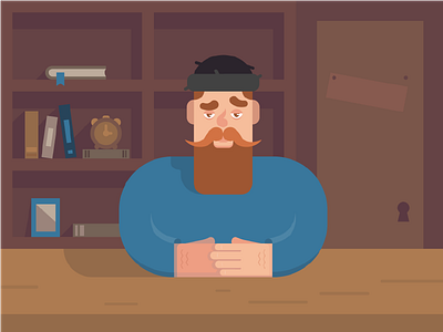 Man behind the desk beard character face flat hipster illustration man shelf