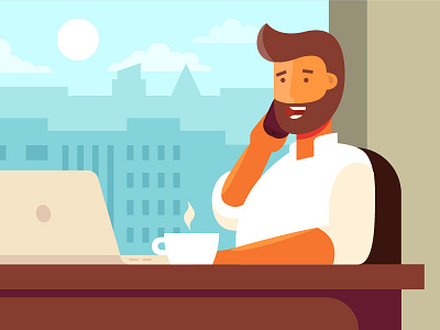 At work animation coffee illustration man office phone scene work