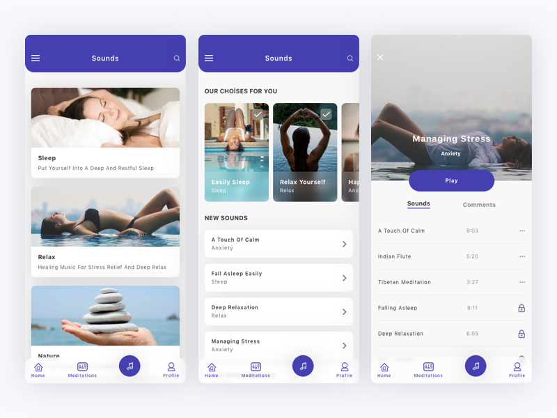 Neco - Meditation App Ui Kit app portfolio feed sketch news event asmr station radio music app podcast music