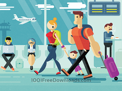 Family strolling through airport airport art child family holiday illustration love man people sky vector woman