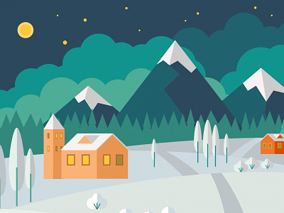 Winter landscape vector illustration decorative forest house illustration landscape moon mountain night snow time vector