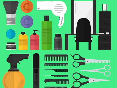 A Hairdresser's Toolset Vector Illustration chair gel hair hairdresser icons illustration mirror scissors set shampoo spray vector