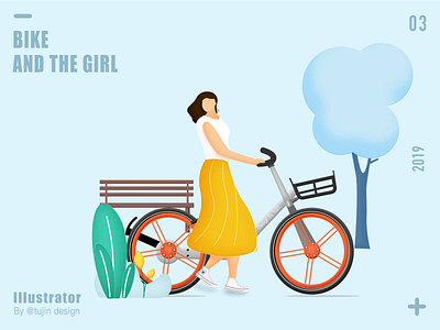 A girl on a bicycle bike blue happy illustration waiting