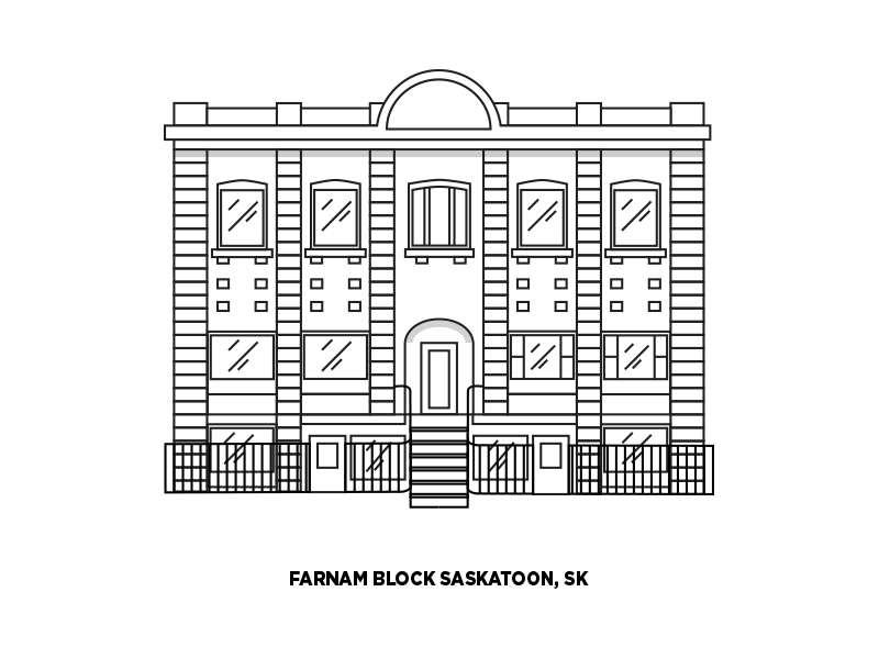 Farnam Block black and white illustration lineart saskatoon