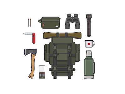 Wanna know what's intense? Camping. axe backpack bag binoculars flashlight illustration knife lineart matches thermos vector vectorart
