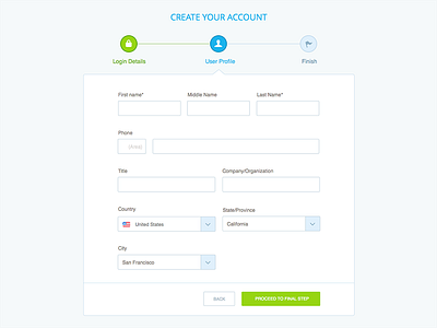 Create account process create account form progress signup step