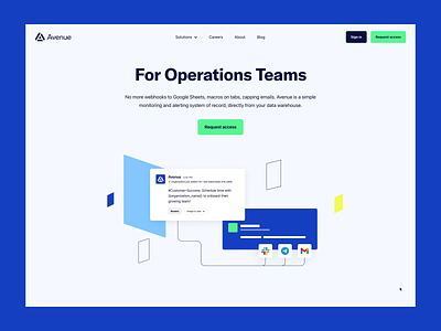 Avenue, B2B Event Monitoring. Product page overview. b2b digital product event monitoring incident response tool jamstack landing page marketing website operations product illustrations product page product website saas design saas website website design