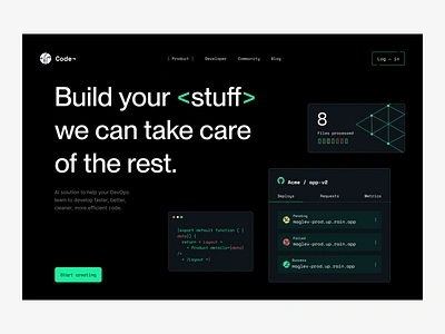 AI technology for coding. Hero section. ai powered code ai solution artificial intelligence coding platform data developers devops digital product geeks landing page marketing website product page product website saas design saas website website design