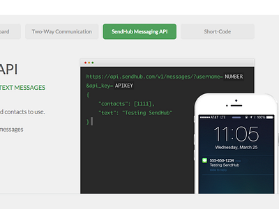 SendHub Business SMS api carousel console iphone landing screenshot tabs texting ui ux web website