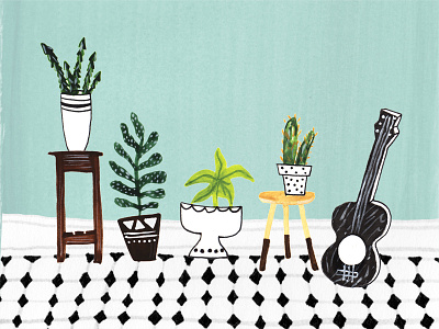 Wedding Invitation Illustration cactus gouache guitar home illustration plants quaint succulents teal tile whimsical