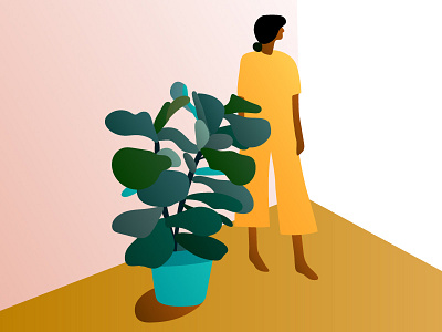 Woman and ficus in corner diversity ficus fiddle leaf fig gradients houseplants illustration plants pretty woman yellow
