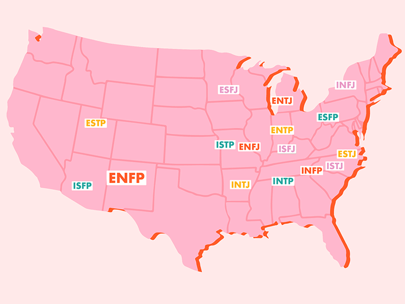 Myers-Briggs Map affordable apartment therapy color palette editorial fun map myers briggs personality pink pop quiz test