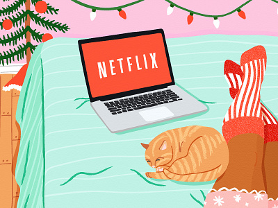 Netflix Christmas Movies apartment therapy bed cat christmas cute editorial girl illustration interior laptop lights movies netflix whimsical