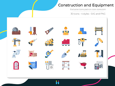Construction and Equipment icons (Flat) construction design equipment exclusive icons free icons freebie graphicdesign icons illustration illustrator logo pictogram vehicle work worker