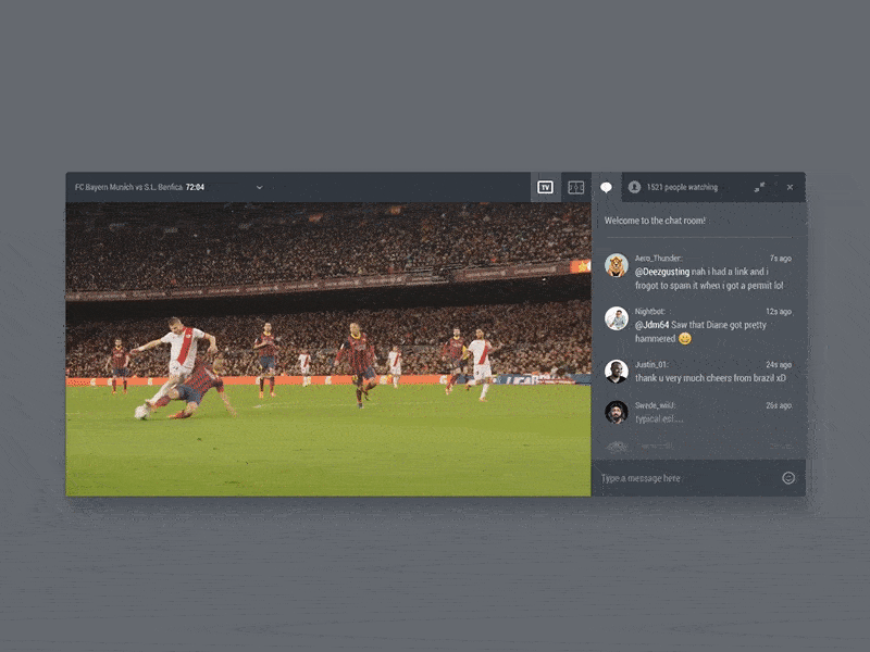 Live streaming with chat animation betting chat interface live modal prototype sport stream tv ui web