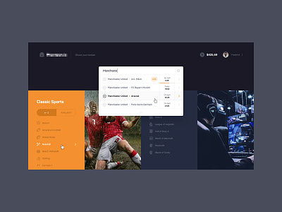 Betting Dashboard – Search app betting dark dashboard esports homepage interface search sport ui ux webdesign website
