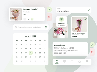 UI Components for Flowers & Plants Shop App | Mobile App app application branding cards case study components concept delivery design elements flower flowers green mobile mobile app plants shop ui uiux ux