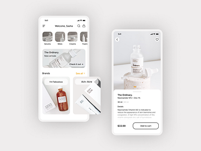 Skin Care Products Shop | Mobile App Concept app application beauty branding care cometics concept design logo mobile mobile app products serums shop skin the ordinary ui white