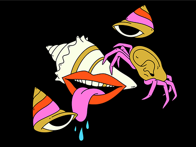 Deep sea creatures branding crab dark eyes fish flat illustrator line mouth ocean sea seafood shells tongue vector