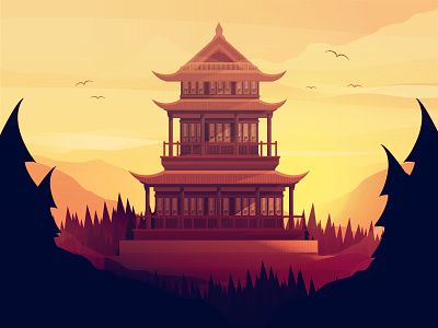 Mountain Temple birds building chinese temple clouds flat forest illustration illustrator mountains sunset temple trees