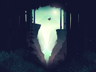Ekko and the Firefly dreamlike environment firefly forest game illustration magical mountain poster river sky trees