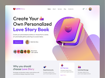 Love Story - Landing Page❤️ 3d book book shop book story book website gradient homepage love love book trendy ui web design