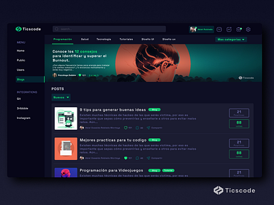 Ticscoder Blog UI Darck app dark ui design figma design ilustration interface ui ux web webdesign