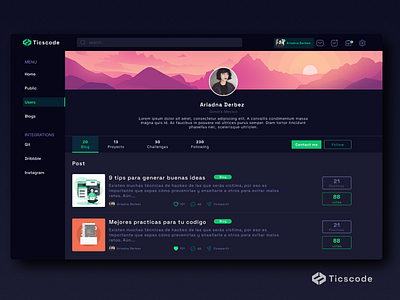 Ticscode Perfil UI/UX Dark mode app dark ui design figma design ilustration interface ui ux web webdesign