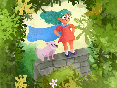 Super girl and side kick dog drawing forest green illustraion kids