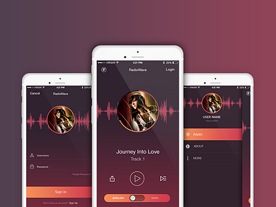 RadioWave App flat design icon ios app list login minimal mobile app mockup music player psd sidebar ui
