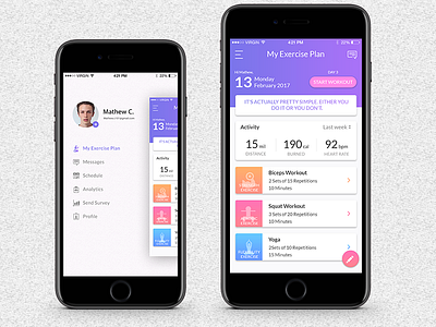 Fitness App app clean design exercise ios iphone material minimal sidebar ui ux