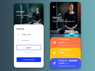 MindFit App app app design calm calming icons lifestyle login login screen meditate meditation app mindful mobile price price list price table psd ui ux yoga