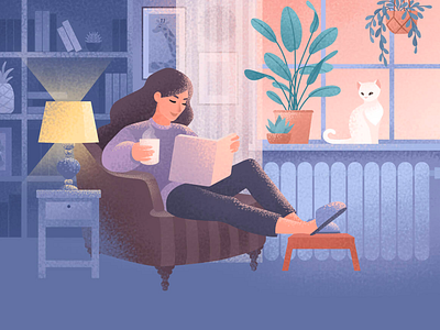 Evening read 2d autumn bookshelf cat chair evening girl graphic design home plant illustration violet woman