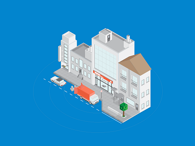 Deliver to City building car chain city isometric logistic sidewalk solid store supply truck