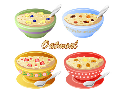 Oatmeal icon set bowl breakfast delicious fruit porridge raspberries spoon vector walnuts