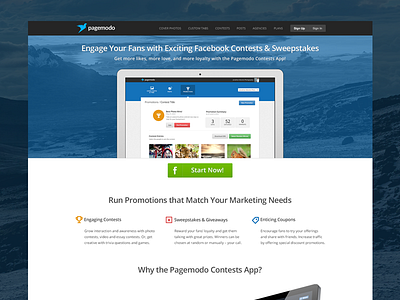 Contests app contests facebook homepage icons landing page marketing pagemodo social ui website