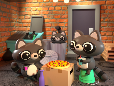 Raccoon Pizza Party 3d 3d art 3d artist 3d illustration 3d modeling animal character character design design illustration raccoon