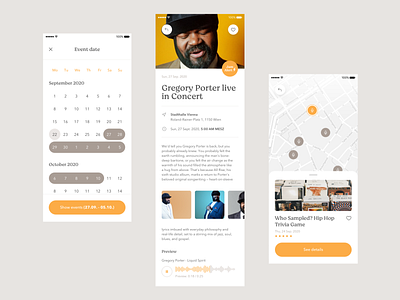 Superfly • App Redesign Concept #2 design event map event page funk genre interface jam mix mobile music new orange player popular soul ui user experience user interface ux yello