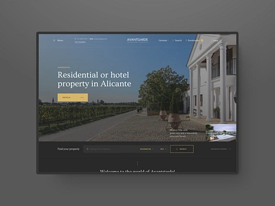 Avantgarde Properties #1 apartments design desktop flat gold grey hero homepage luxury navigation photo premium property residential search typography ui ux user experience user interface web