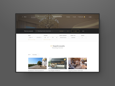 Avantgarde Properties #2 apartments design desktop flat gold grey homepage investment luxury navigation premium property real estate results search ui ux user experience user interface web white