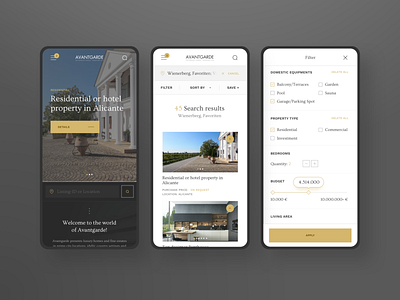 Avantgarde Properties #3 apartments avantgarde design details filter flat gold luxury mobile navigation property real estate results search sorting ui ux user experience user interface web white