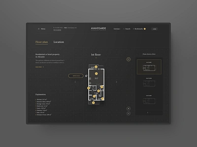 Avantgarde Properties #5 - WIP 3d apartments avantgarde design desktop flat floor plan gold gradient grey homepage navigation property typography ui ux user experience user interface web wip