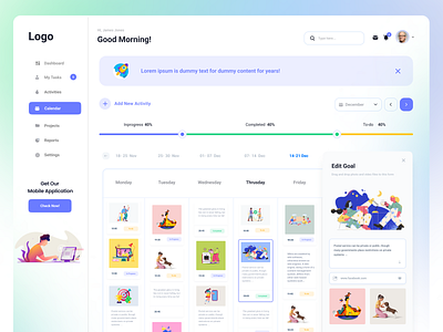 Dashboard Web App Part 2 app calendar dashboard design events goals illustration planing plans schedule ui ux web
